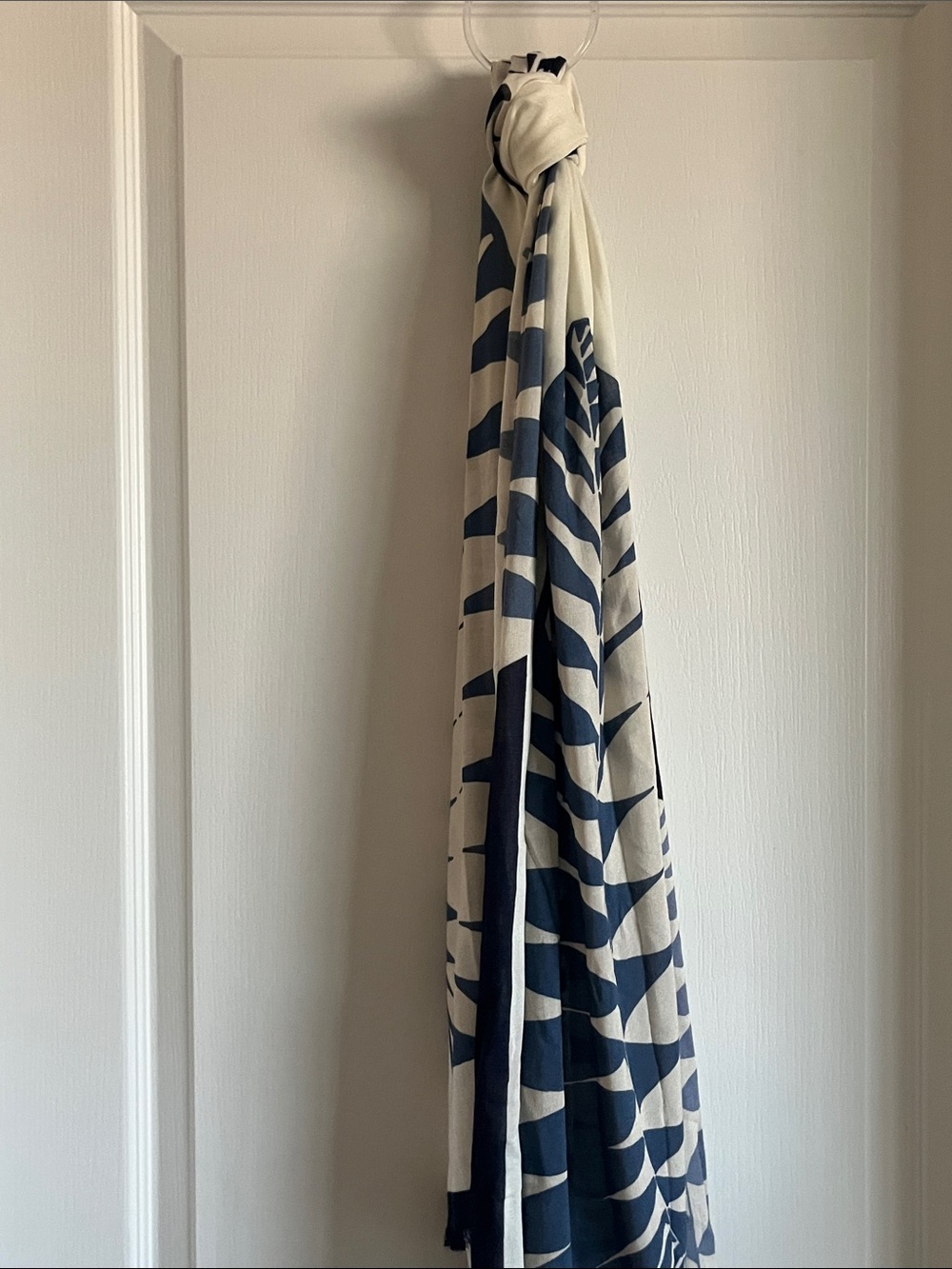 Chico's Navy and Cream Leaf-Print Wrap Scarf